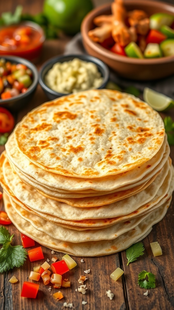 A stack of warm tortilla wraps with fresh ingredients on a wooden table.